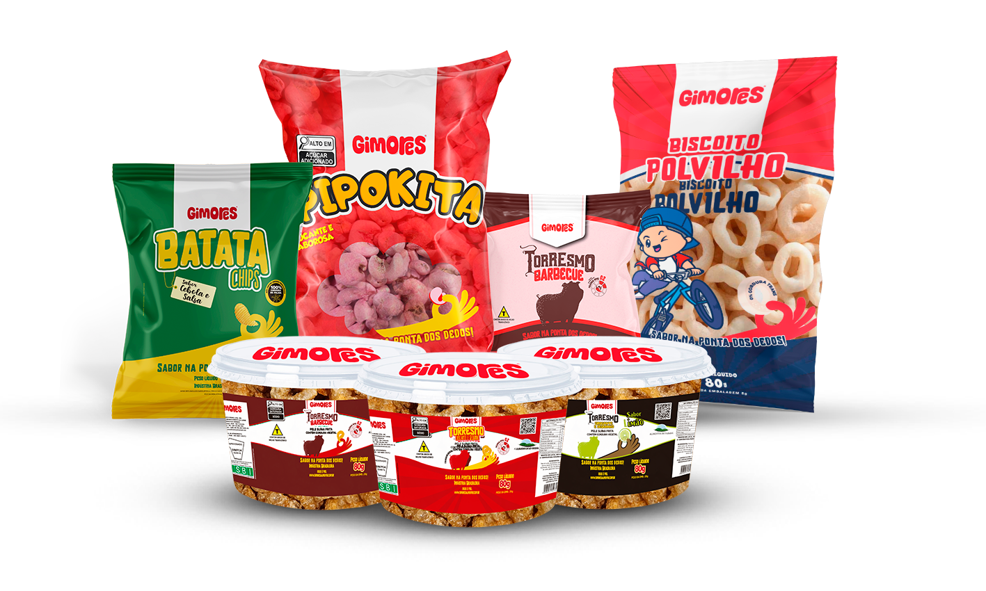 Família de produtos Gimores — Batata Chips, Pipokita, Torresmo, Polvilho e Torresmo Pote